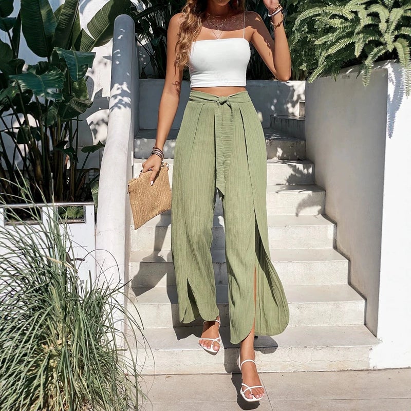 Women's Casual Drawstring Asymmetric Split Hem Joggers Yellow Green - Image 3