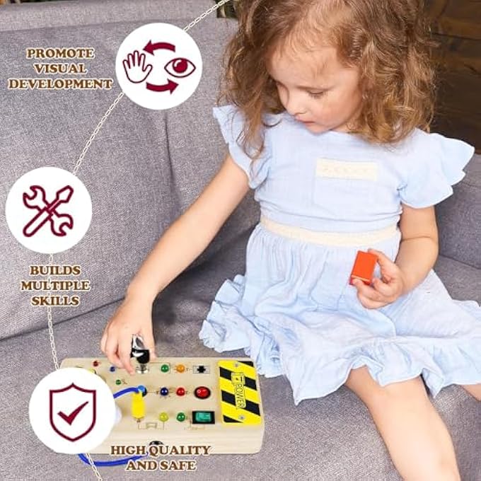 BUSY BOARDMONTESSORI LIGHT UP TOY WITH 8 LED LIGHTS – WOODEN SENSORY BOARD FOR TODDLERS & KIDS, EDUCATIONAL LEARNING TOY, TRAVEL BUSY BOARD FOR BOYS & GIRLS - Image 4