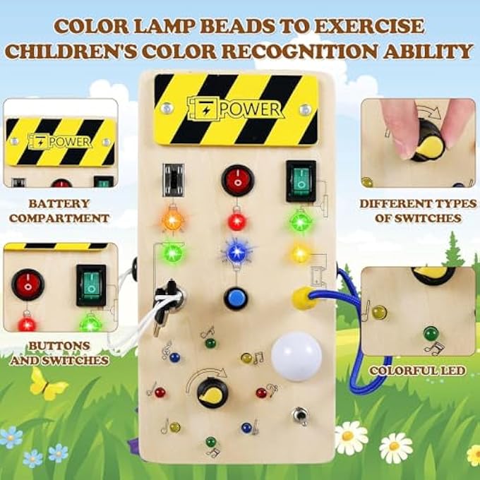 BUSY BOARDMONTESSORI LIGHT UP TOY WITH 8 LED LIGHTS – WOODEN SENSORY BOARD FOR TODDLERS & KIDS, EDUCATIONAL LEARNING TOY, TRAVEL BUSY BOARD FOR BOYS & GIRLS - Image 3