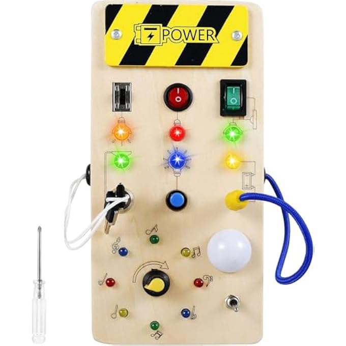 BUSY BOARDMONTESSORI LIGHT UP TOY WITH 8 LED LIGHTS – WOODEN SENSORY BOARD FOR TODDLERS & KIDS, EDUCATIONAL LEARNING TOY, TRAVEL BUSY BOARD FOR BOYS & GIRLS - Image 1