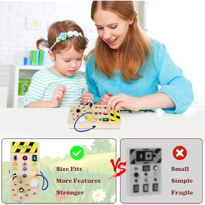 BUSY BOARDMONTESSORI LIGHT UP TOY WITH 8 LED LIGHTS – WOODEN SENSORY BOARD FOR TODDLERS & KIDS, EDUCATIONAL LEARNING TOY, TRAVEL BUSY BOARD FOR BOYS & GIRLS - Image 5