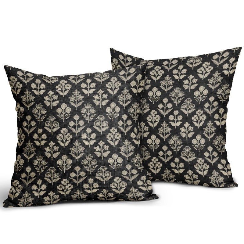 Sivirary Black Floral Block Print Pillow Covers 18x18 Inch Set of 2, Vintage Flower Pattern Decorative Throw Pillowcases Outdoor Farmhouse Cushion Covers Spring Summer Rustic Sofa Couch Bed Decor - Image 2