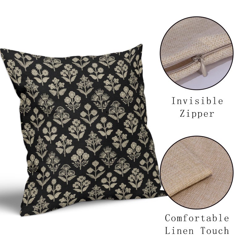 Sivirary Black Floral Block Print Pillow Covers 18x18 Inch Set of 2, Vintage Flower Pattern Decorative Throw Pillowcases Outdoor Farmhouse Cushion Covers Spring Summer Rustic Sofa Couch Bed Decor - Image 4