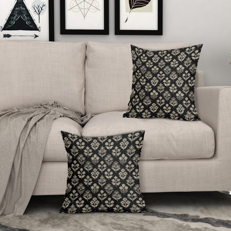 Sivirary Black Floral Block Print Pillow Covers 18x18 Inch Set of 2, Vintage Flower Pattern Decorative Throw Pillowcases Outdoor Farmhouse Cushion Covers Spring Summer Rustic Sofa Couch Bed Decor - Image 3