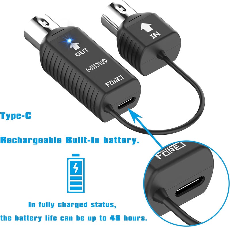 FORE K1 Wireless Bluetooth USB MIDI Interface, MIDI IN/OUT & USB Receiver, Ultra Low Latency, Work with MIDI Keyboard & Any MIDI 5-Pin Din Device Compatible with iOS, Android, Windows/mac OS 1-Pack - Image 5