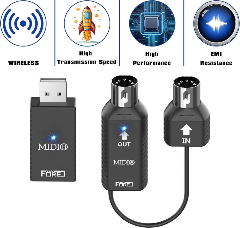 FORE K1 Wireless Bluetooth USB MIDI Interface, MIDI IN/OUT & USB Receiver, Ultra Low Latency, Work with MIDI Keyboard & Any MIDI 5-Pin Din Device Compatible with iOS, Android, Windows/mac OS 1-Pack - Image 2