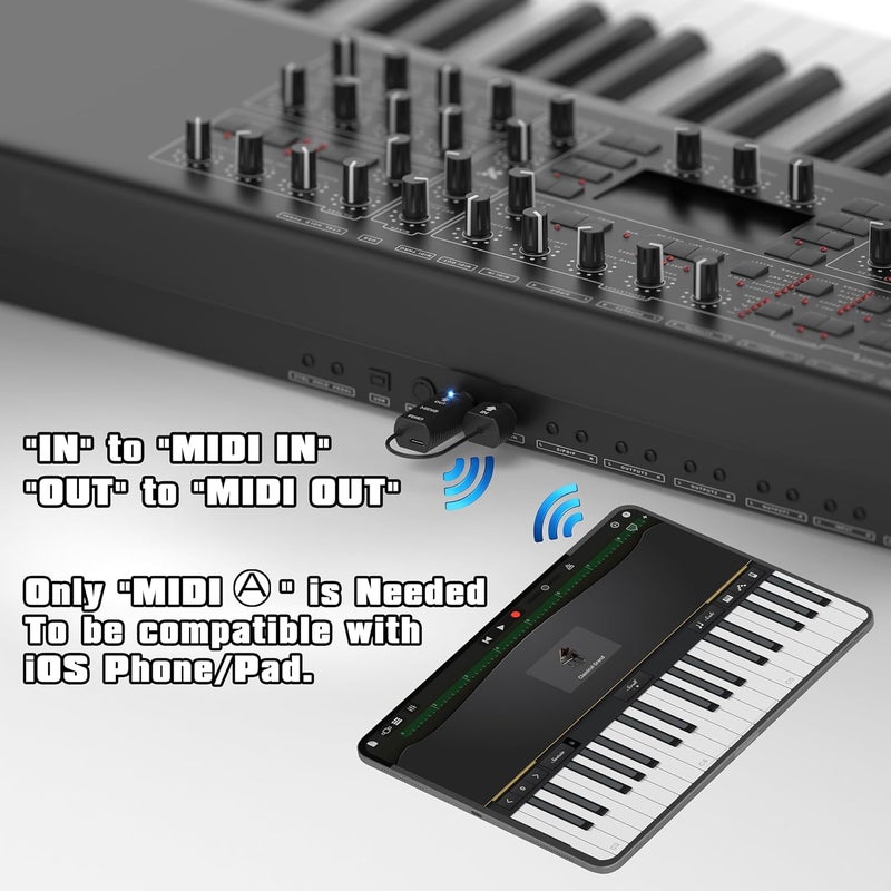 FORE K1 Wireless Bluetooth USB MIDI Interface, MIDI IN/OUT & USB Receiver, Ultra Low Latency, Work with MIDI Keyboard & Any MIDI 5-Pin Din Device Compatible with iOS, Android, Windows/mac OS 1-Pack - Image 4