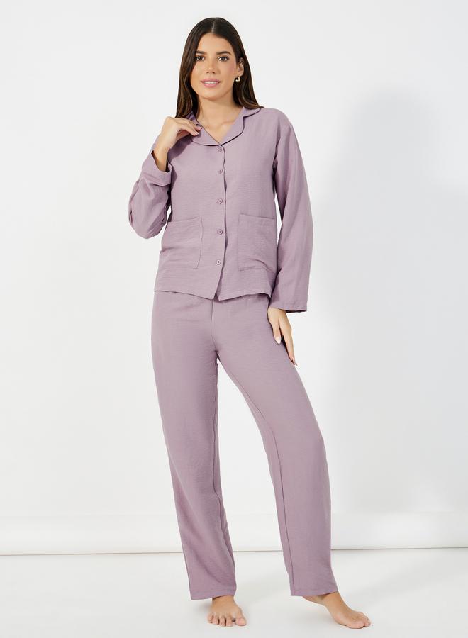 Styli Front Double Pockets Shirt & Pants Pyjama Set - Image 1