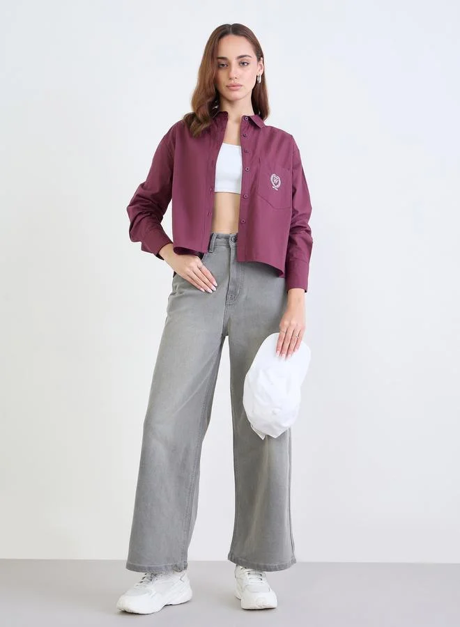 Styli Styli Burgundy Crop Boxy Shirt with Long Sleeves