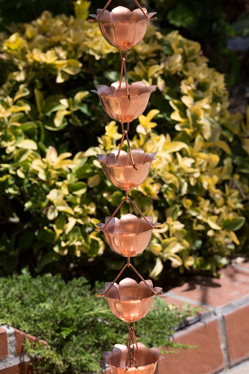 Monarch Rain Chains Pure Copper Lotus Rain Chain, 8.5 ft Decorative Rain Catcher Chain for Gutters, Large Rain Chains for Outside, Rain Gutter Replacement Downspout - Image 1