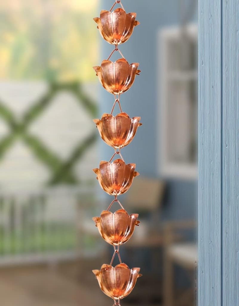 Monarch Rain Chains Pure Copper Lotus Rain Chain, 8.5 ft Decorative Rain Catcher Chain for Gutters, Large Rain Chains for Outside, Rain Gutter Replacement Downspout - Image 2