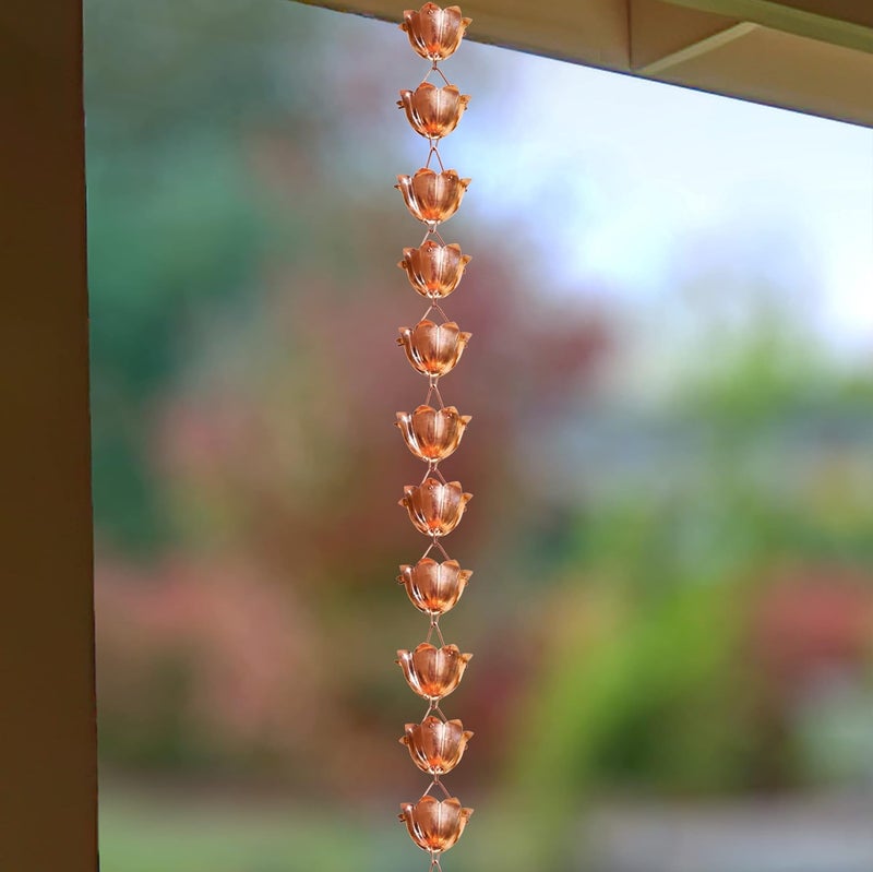 Monarch Rain Chains Pure Copper Lotus Rain Chain, 8.5 ft Decorative Rain Catcher Chain for Gutters, Large Rain Chains for Outside, Rain Gutter Replacement Downspout - Image 5