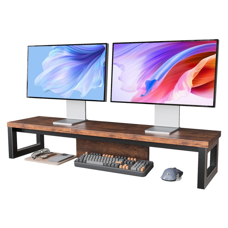 HEWORLIF Dual Monitor Stand Riser Wood and Steel Monitor Riser Long Computer Monitor Stands for 2 Monitors Desk Shelf for Computer Laptop Printer TV Brown - Image 2