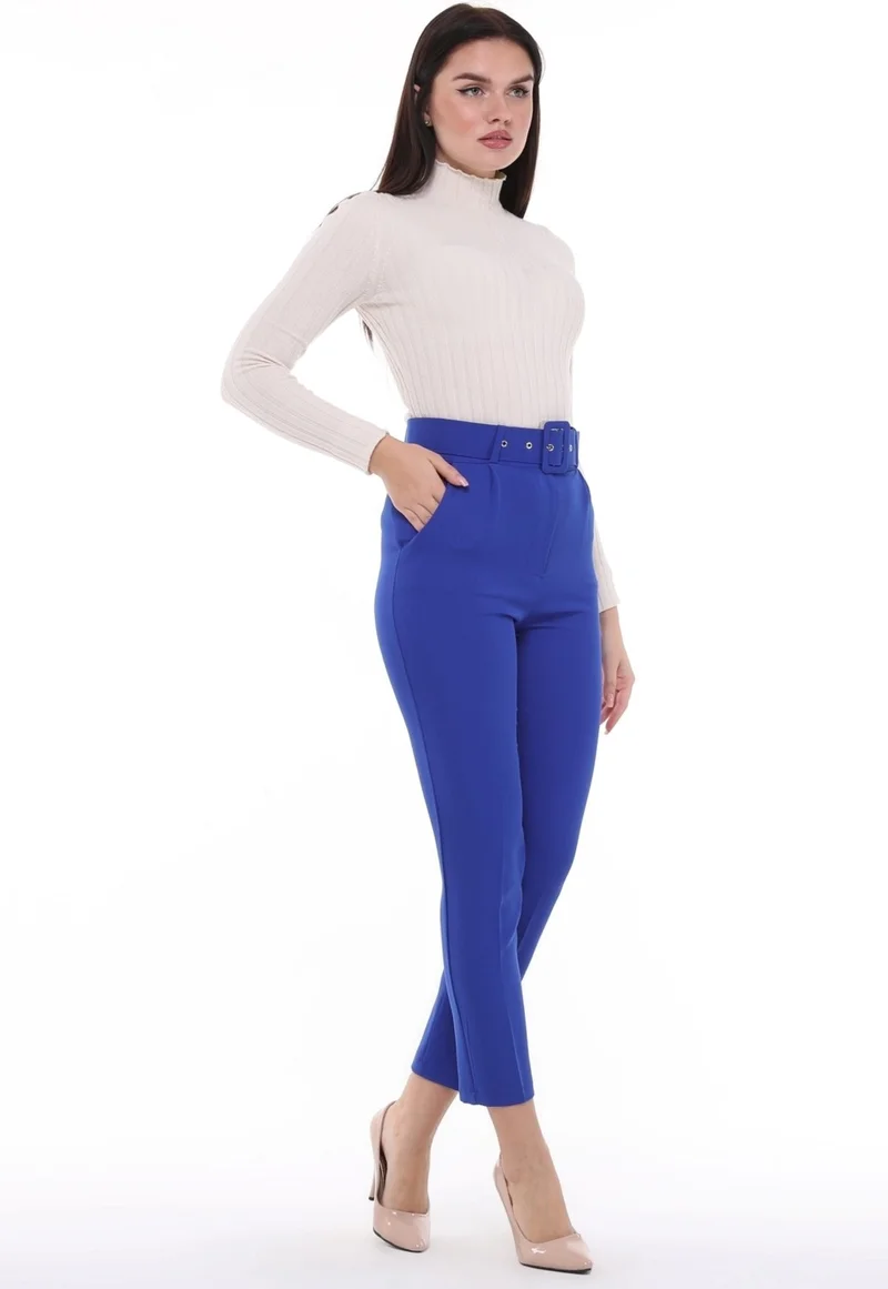 Cedy Denim Women's High Waist, Belted, Pleated Ankle Length Woven Trousers, C3008