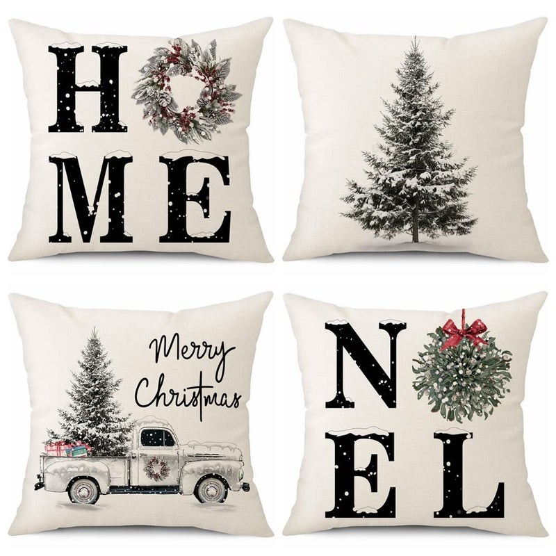 Sungeek Set of 4 Cushion Covers 45 x 45cm Merry Christmas Winter Holiday Throw Pillow Cases Christmas Tree with Truck Linen Home Decorative Sofa Pillow Covers