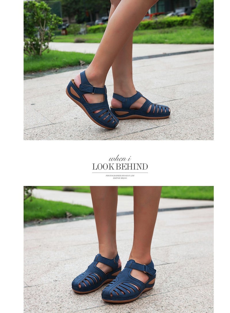 Loquat Women's Closed Toe Retro Thick Soled Non Slip Wedge Sandals Summer Platform Shoes Navy Blue - Image 3