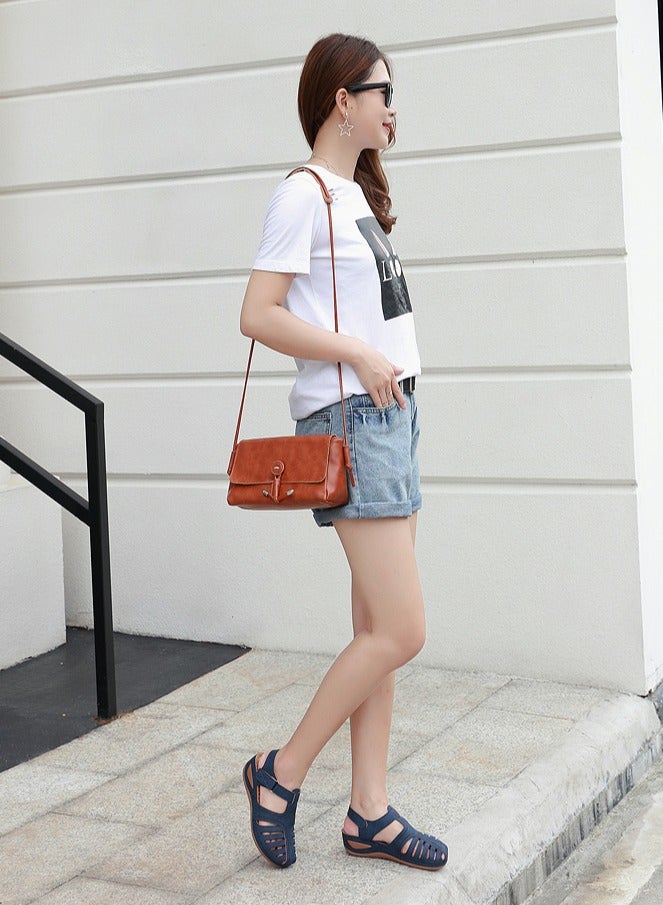 Loquat Women's Closed Toe Retro Thick Soled Non Slip Wedge Sandals Summer Platform Shoes Navy Blue - Image 5