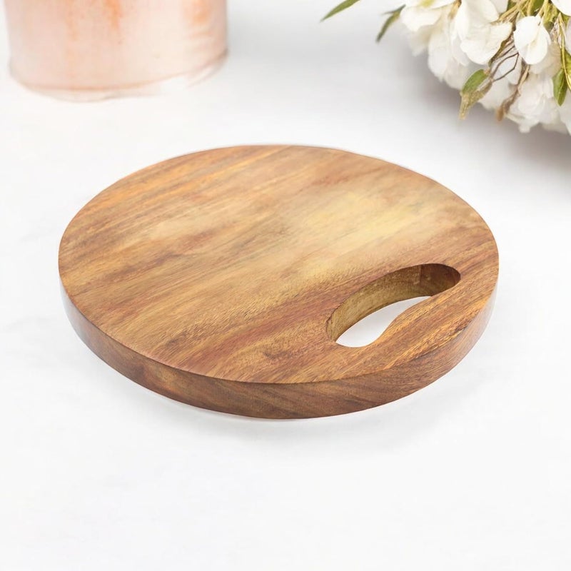 Natriel Handcrafted Wooden Chopping Board EcoFriendly Durable Kitchen Essential Tray Serving Set Pack of 1 Reatangular Round RoundBrown - Image 3