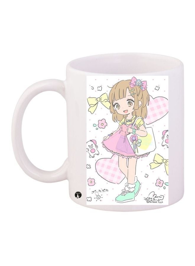 RYN Cartoon Girl Printed Coffee Mug White/Pink/Yellow 11ounce