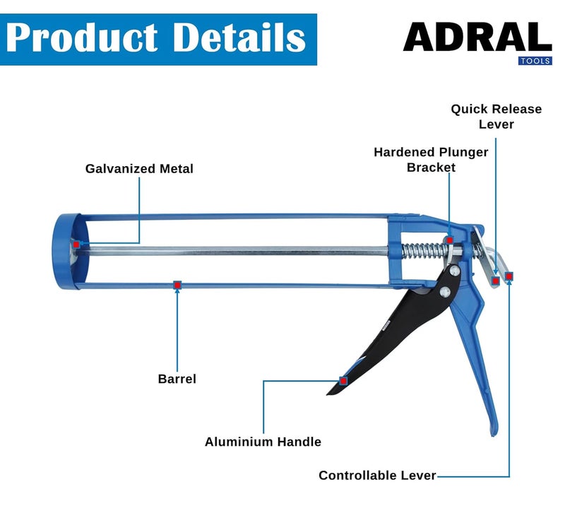ADRAL مسدس سيليكون بإطار هيكل عظمي بطول 9 بوصات | قضيب سداسي ثقيل | مقبض ألمنيوم خفيف الوزن | إطار فولاذي | نهايات مثبتة صلبة | قبضة مريحة | حركة انزلاق سلسة - Image 2
