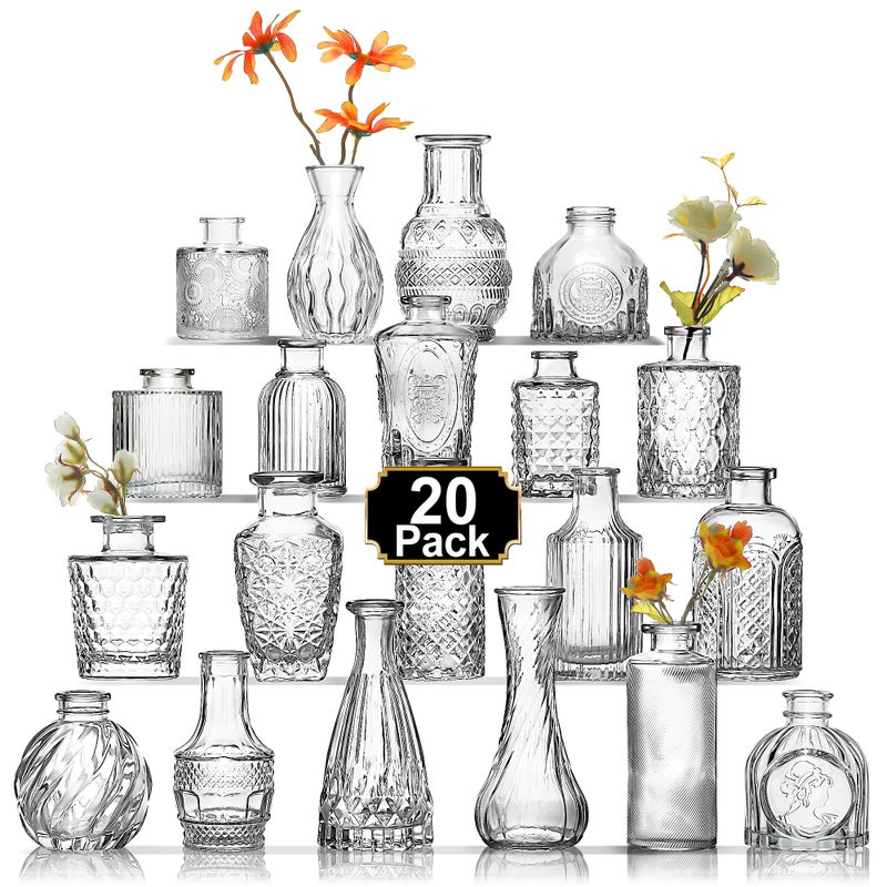 Arme 20 Pcs Bud Vase Set Mini Vases for Flowers Small Vintage Glass Vase for Centerpieces Cute Clear Bud Vases for Home Flower Wedding Decorations