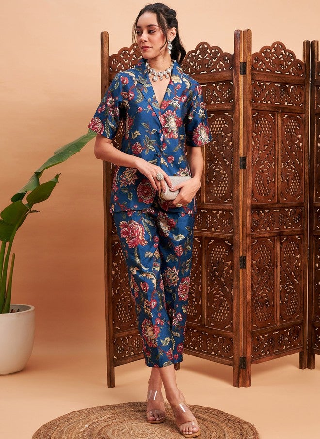 SASSAFRAS Floral Printed Blazer & Pant Co-Ord Set for Women - Image 1