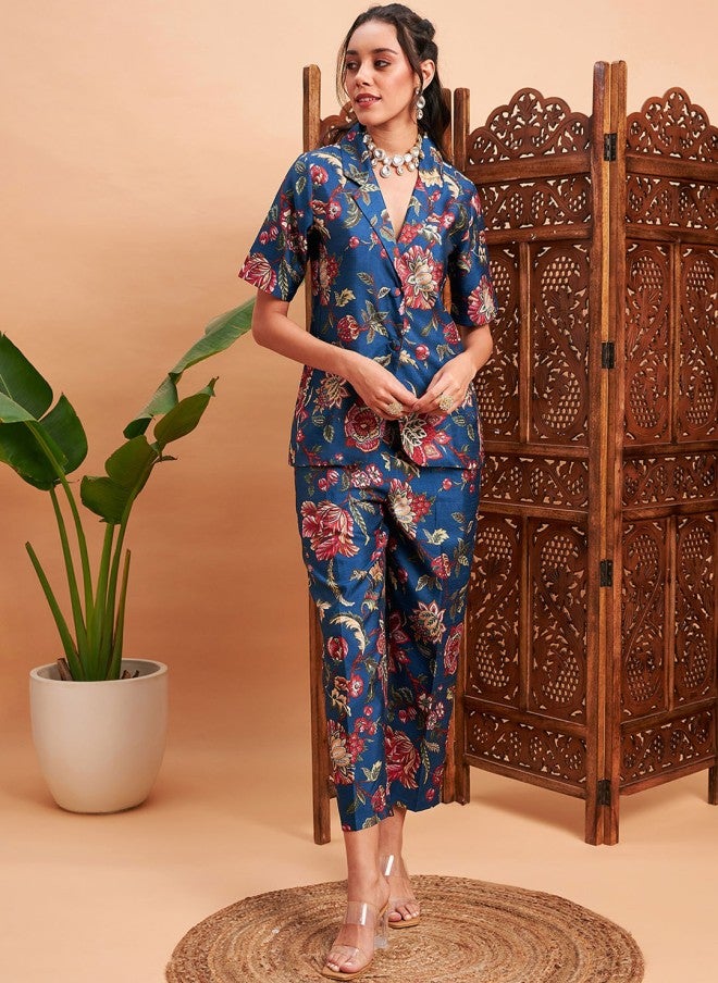 SASSAFRAS Floral Printed Blazer & Pant Co-Ord Set for Women - Image 4