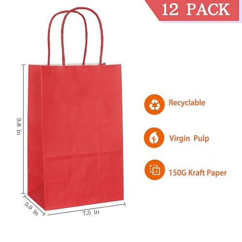 AZOWA Red Gift Bags Red Medium Kraft Paper Bags With Handles for Party Favors (7.5 x 3.9 x 9.8 in, 12 CT) - Image 2
