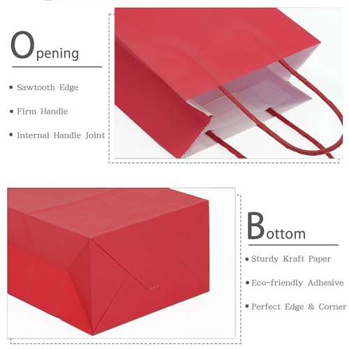 AZOWA Red Gift Bags Red Medium Kraft Paper Bags With Handles for Party Favors (7.5 x 3.9 x 9.8 in, 12 CT) - Image 3