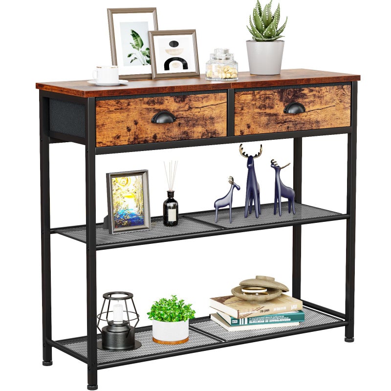 Furologee Console Sofa Table with Storage Shelf for Entry Way Small 30 Entryway Table with 2 Fabric Drawers Industrial Display Shelves for Hallway Entrance Foyer Rustic Brown