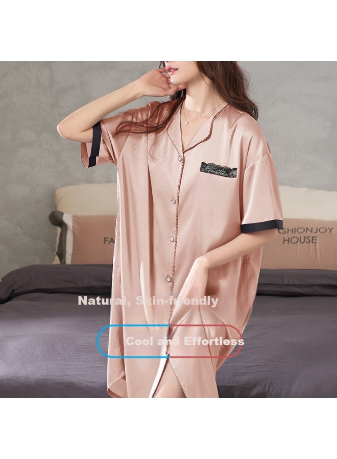 Xulen Women's Summer Ice Silk Mid-length Nightgown Summer Imitation Ice Silk Satin Pajamas Home Wear 62611 Champagne Pink L - Image 2