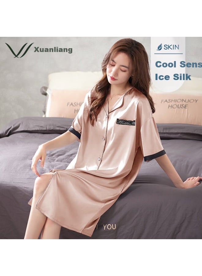 Xulen Women's Summer Ice Silk Mid-length Nightgown Summer Imitation Ice Silk Satin Pajamas Home Wear 62611 Champagne Pink L - Image 1