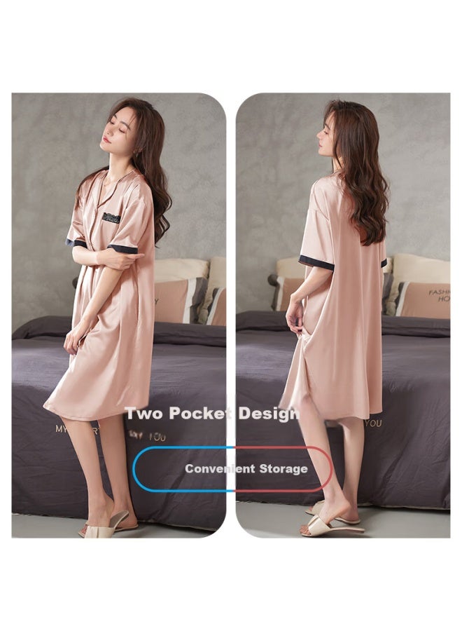 Xulen Women's Summer Ice Silk Mid-length Nightgown Summer Imitation Ice Silk Satin Pajamas Home Wear 62611 Champagne Pink L - Image 3