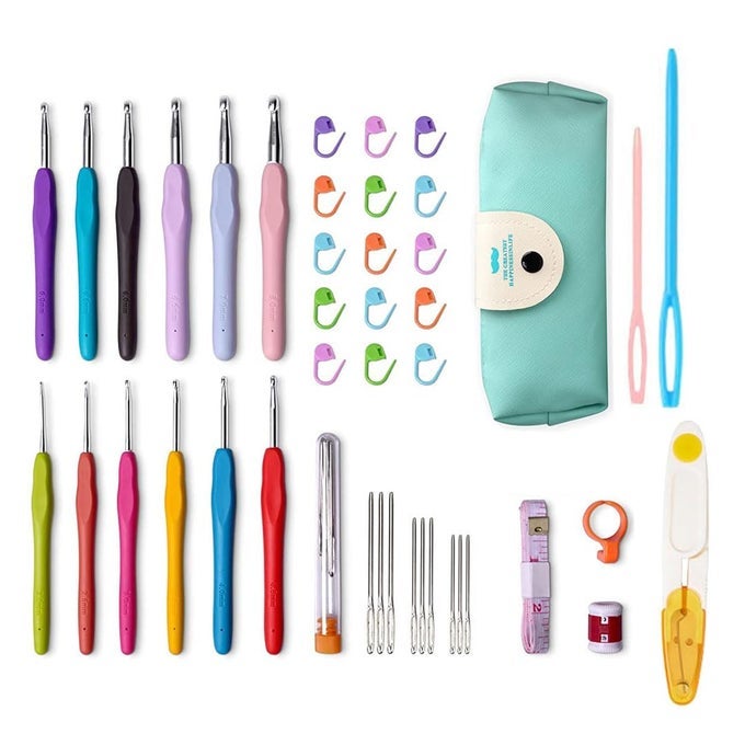 KNITTING CROCHET HOOK NEEDLE SET HARDANODIZED ALUMINUM HOOK FOR EMBROIDERY DIY CRAFT SWEATER WOOLEN CLOTH YARN THREAD HIGHQUALITY NEEDLES KIT FOR KNITTING PROJECTS DIY GREEN POUCH