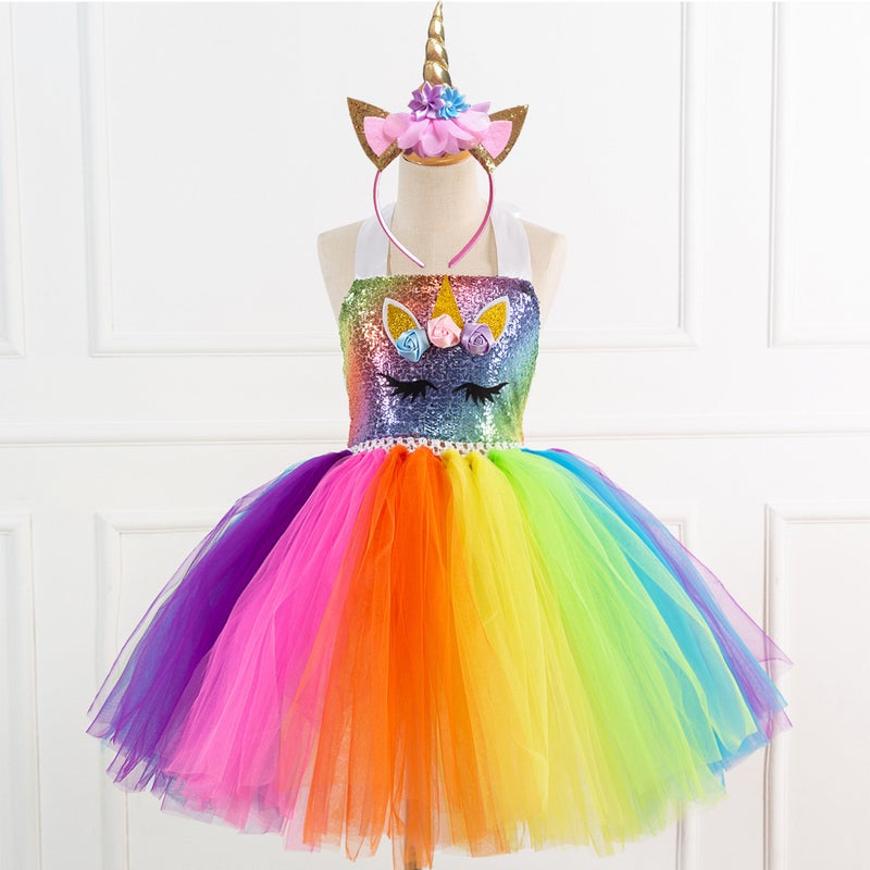 Children'S Clothing Tutu Skirt Sequined Mesh Hand Tied Girl'S Dress Performance Single Horn Children'S Dress Princess Dress - Image 2