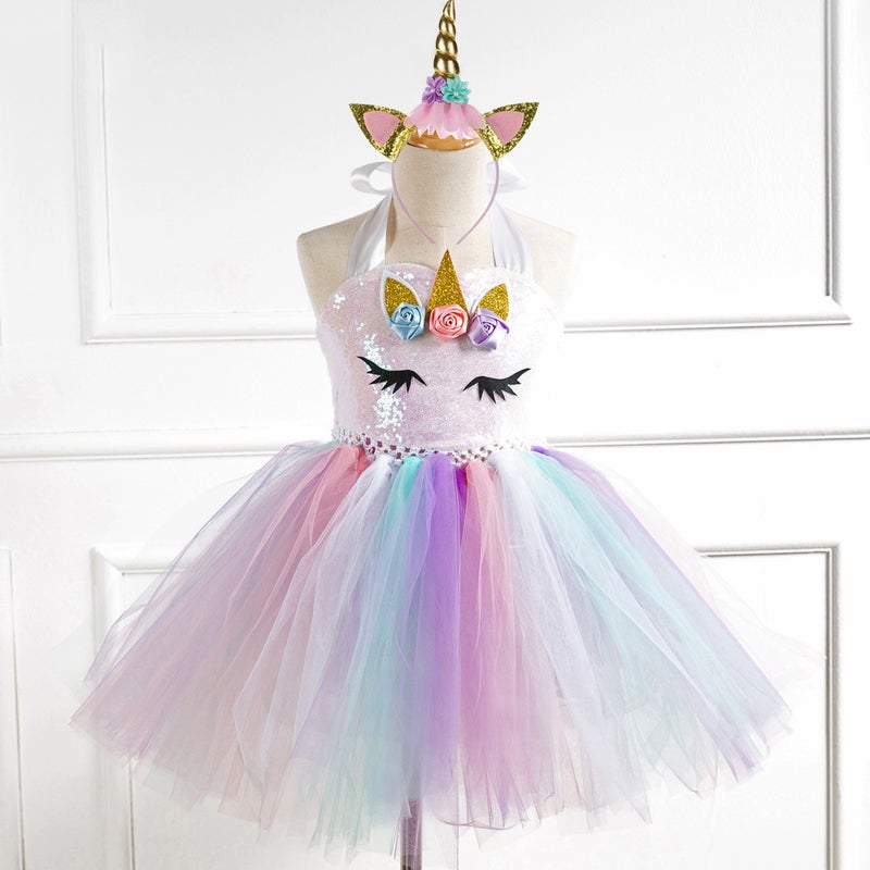 Children'S Clothing Tutu Skirt Sequined Mesh Hand Tied Girl'S Dress Performance Single Horn Children'S Dress Princess Dress - Image 3