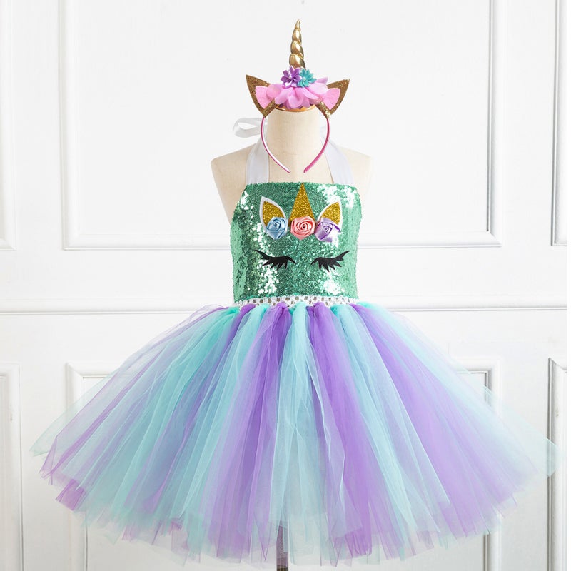 Children'S Clothing Tutu Skirt Sequined Mesh Hand Tied Girl'S Dress Performance Single Horn Children'S Dress Princess Dress - Image 5