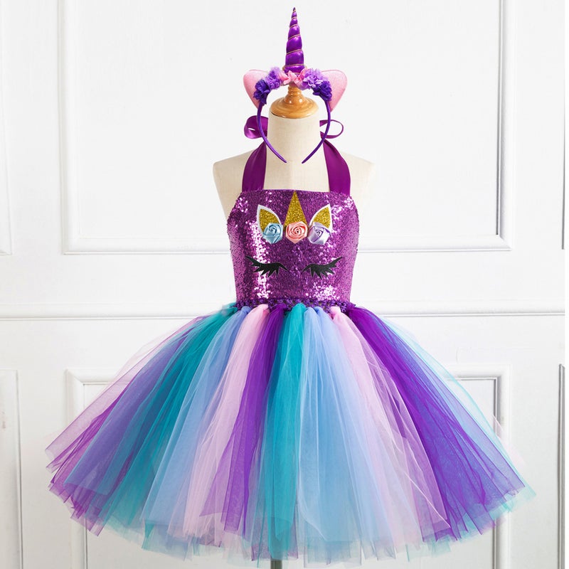 Children'S Clothing Tutu Skirt Sequined Mesh Hand Tied Girl'S Dress Performance Single Horn Children'S Dress Princess Dress - Image 4