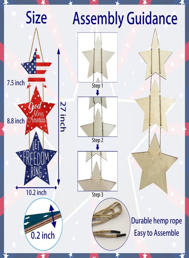 YUNKKIN 4th of July Decorations Patriotic Decorations Pentagram Patriotic Wreath Hanging Sign Wooden 4th of July Wreaths for Front Door Decorations for Memorial Day Fourth of July Porch Wall Indoor Home Decor - Image 2