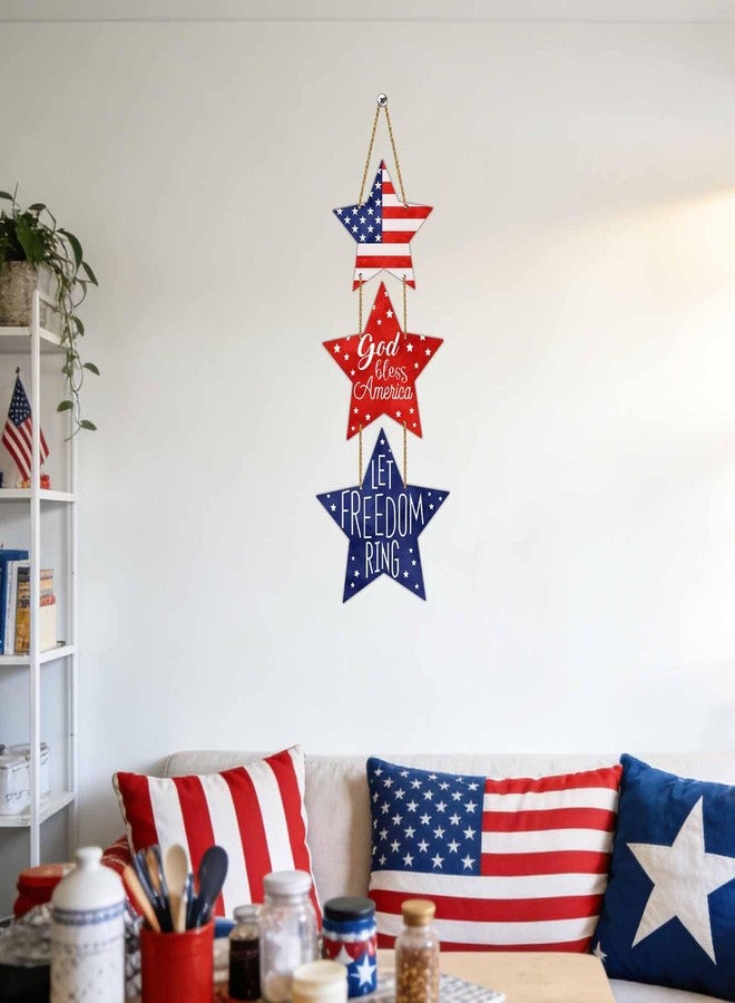 YUNKKIN 4th of July Decorations Patriotic Decorations Pentagram Patriotic Wreath Hanging Sign Wooden 4th of July Wreaths for Front Door Decorations for Memorial Day Fourth of July Porch Wall Indoor Home Decor - Image 4