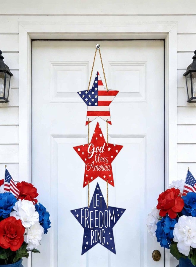 YUNKKIN 4th of July Decorations Patriotic Decorations Pentagram Patriotic Wreath Hanging Sign Wooden 4th of July Wreaths for Front Door Decorations for Memorial Day Fourth of July Porch Wall Indoor Home Decor - Image 3