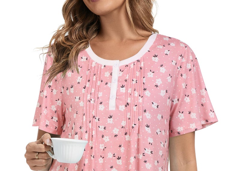 AVIIER Nightgowns for Women Soft Cotton Night Gowns Short Sleeve Sleepwear Comfy Night Shirts Pink Floral M - Image 5
