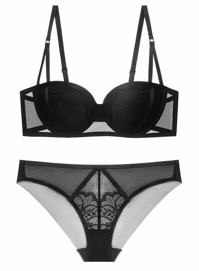 Loquat Solid Color Breathable Lace Bra And Panty Set Black 