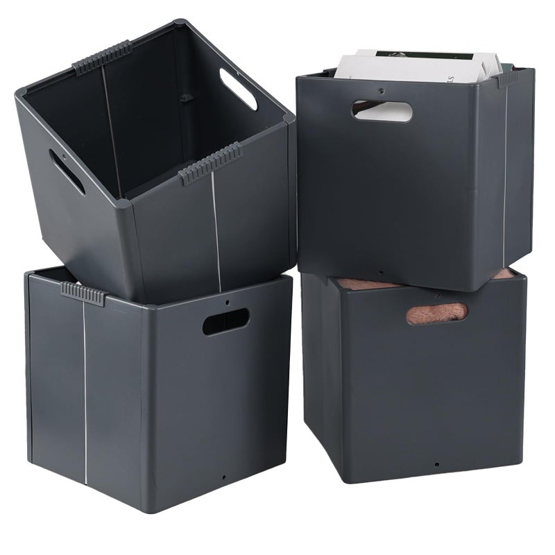 Ziglous 13 Inches Plastic Foldable Cube Storage Bins, Collapsible Storage Cubes, Gray, 4 Packs - Image 2