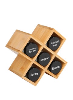 Wooden Spice Rack Organizer with Jars and Spice Labels, Cross Shape Spice Rack and Herb Organizer Stand Freestanding for Kitchen Countertop Drawer or Wall Mounted (Stand with 5 Jars)