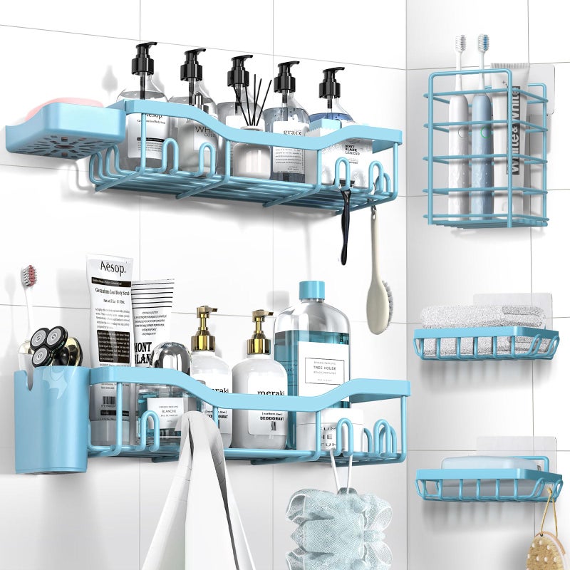 NESOMI Shower Caddy Adhesive Shower Organizer 7-Pack, Rustproof Stainless Steel Bathroom Shelves, Large Capacity No-Drill Rack Storage Accessories with Soap Dish Toothbrush Holder Hooks - Image 1