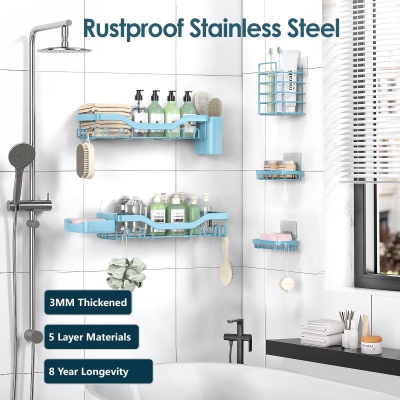 NESOMI Shower Caddy Adhesive Shower Organizer 7-Pack, Rustproof Stainless Steel Bathroom Shelves, Large Capacity No-Drill Rack Storage Accessories with Soap Dish Toothbrush Holder Hooks - Image 4