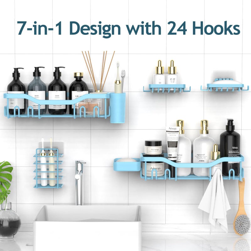 NESOMI Shower Caddy Adhesive Shower Organizer 7-Pack, Rustproof Stainless Steel Bathroom Shelves, Large Capacity No-Drill Rack Storage Accessories with Soap Dish Toothbrush Holder Hooks - Image 3