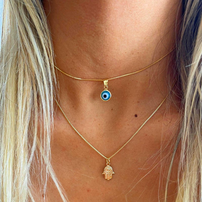 Ieftop 14K Gold Plated Layered Evil Eye Necklaces Bule Hamsa Necklaces Lucky Protection Jewelry Adjustable Delicate Evil Eye Necklace Gift for Women - Image 4