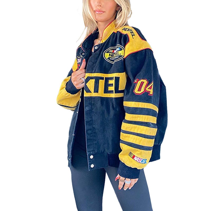 2022 Autumn and Winter New Cross-border Jacket Amazon Sporty Printed Casual Loose Long-sleeved Trench Coat Motorcycle Jacket Yellow Black 